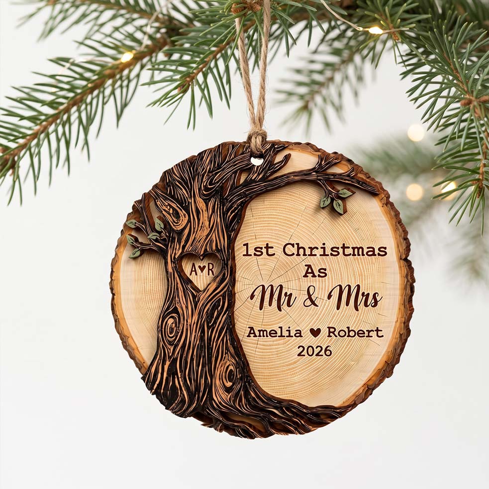 First Christmas Mr and Mrs Tree of Love Custom Names Date First Married Christmas Wooden Ornament