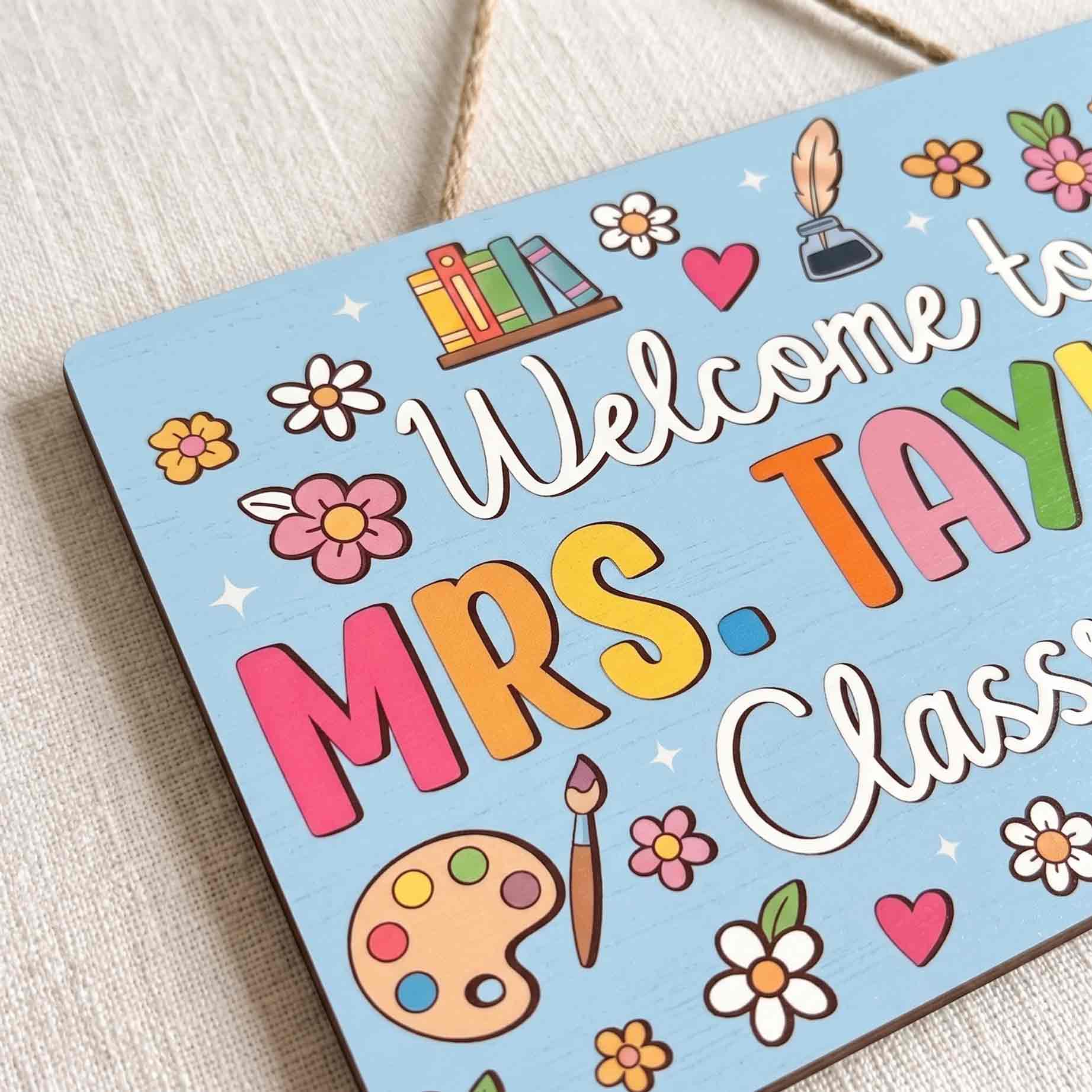 Personalized Pastel Blue Teacher Classroom Welcome Wooden Sign, Custom Teacher Name Door Hanger, Colorful School Supplies Classroom Decor