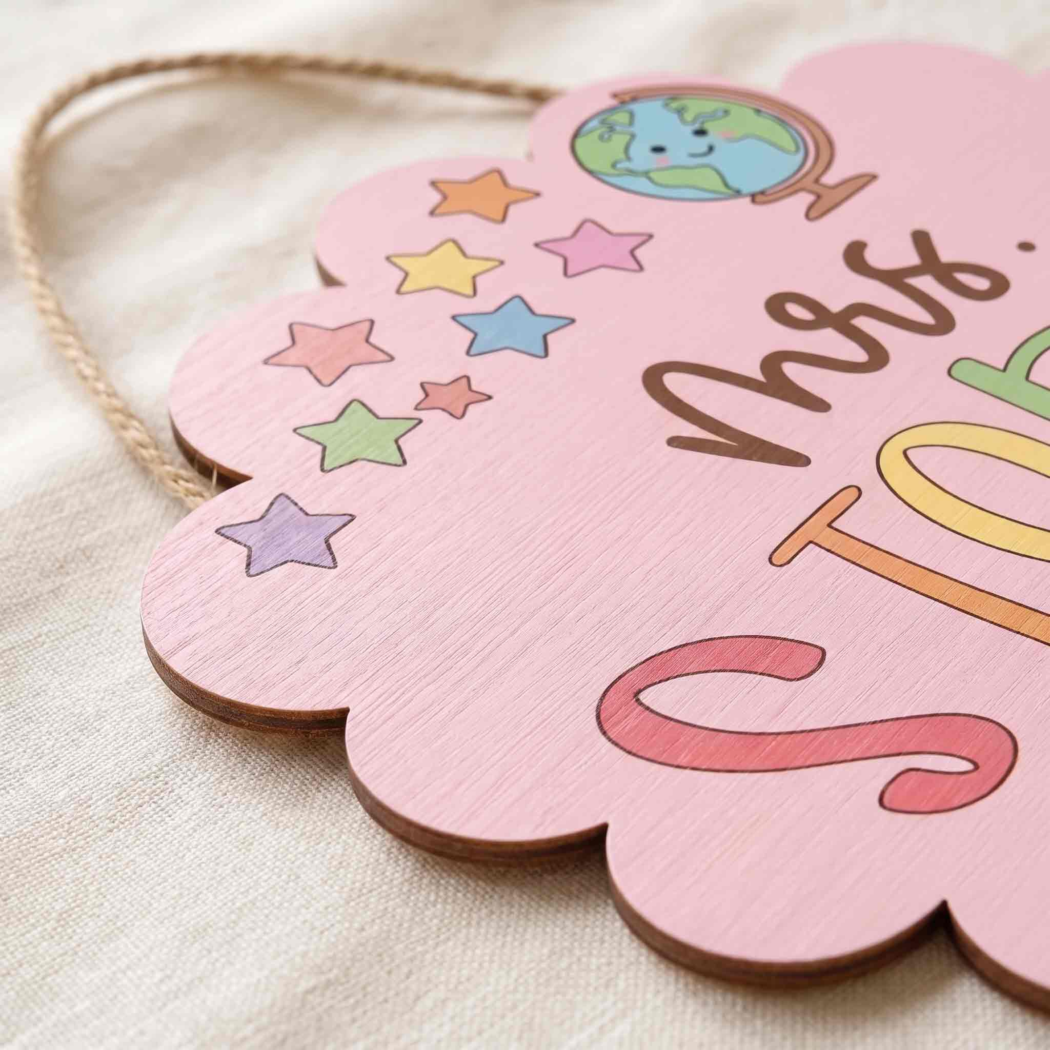 Personalized Pink Classroom Teacher Door Hanger Wooden Sign, Custom Teacher Name Welcome Sign