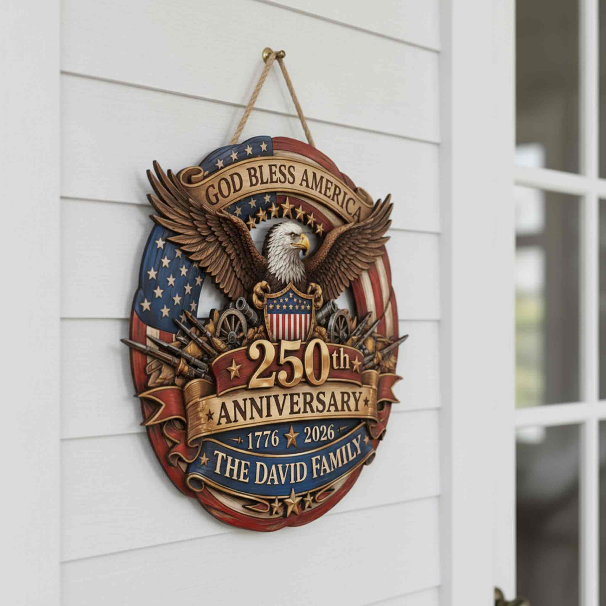 Personalized America 250 Wooden Sign With Custom Family Name and Eagle Design