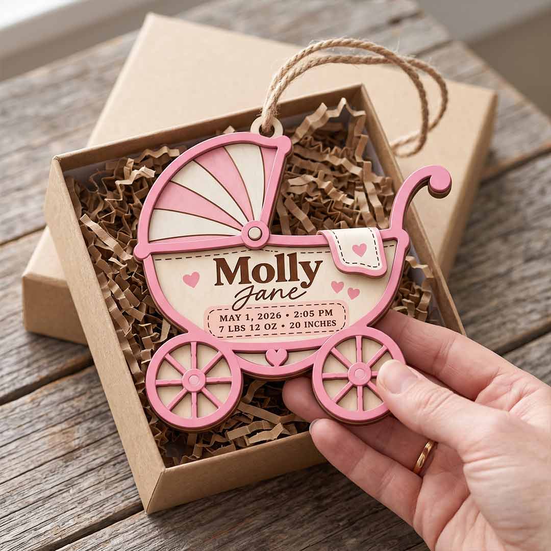 Baby Carriage Birth Announcement Personalized Custom Name Date Time Weight Length Newborn 2-Layer Wooden Christmas Ornament for New Baby Keepsake