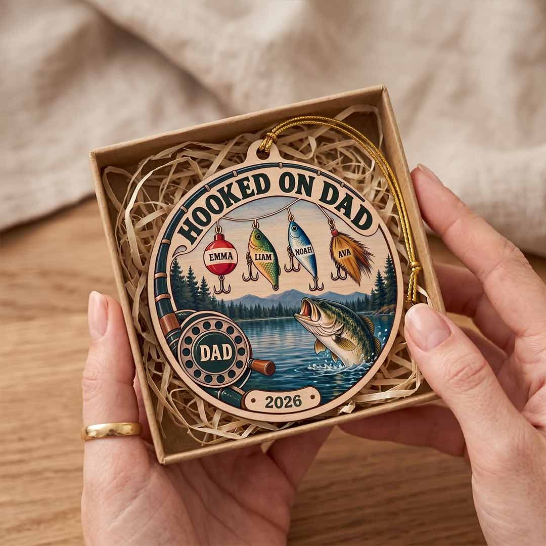 Hooked On Dad Family Fishing Father Keepsake Personalized Custom Name Date Fishing 1-Layer Wooden Christmas Ornament for Dad Gift
