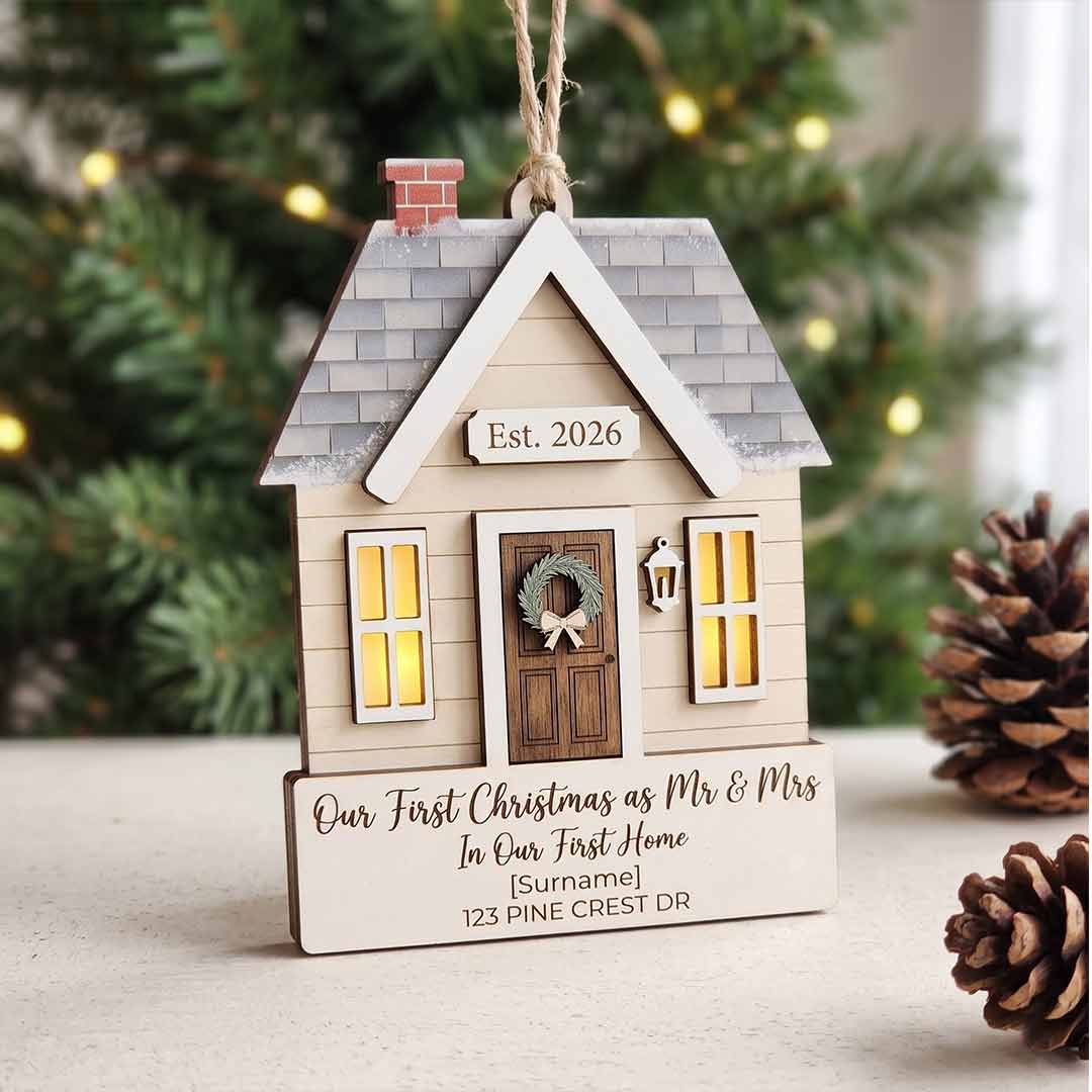 Our First Christmas as Mr and Mrs in Our First Home Personalized New Home Custom Name Date Address Christmas Ornament