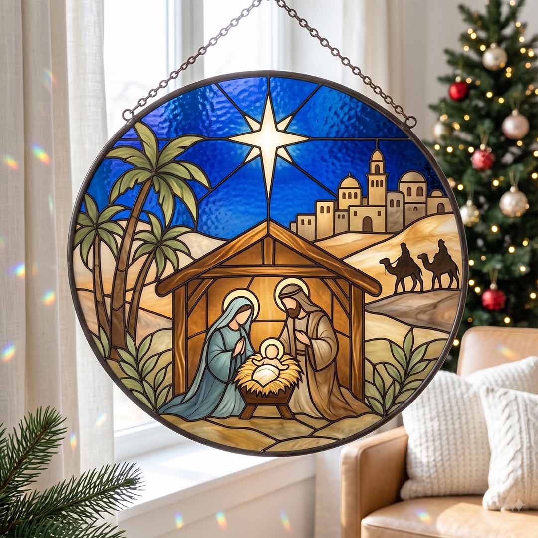 Holy Family Nativity Scene Bethlehem Star Nativity Stained Glass Suncatcher Christmas Ornament