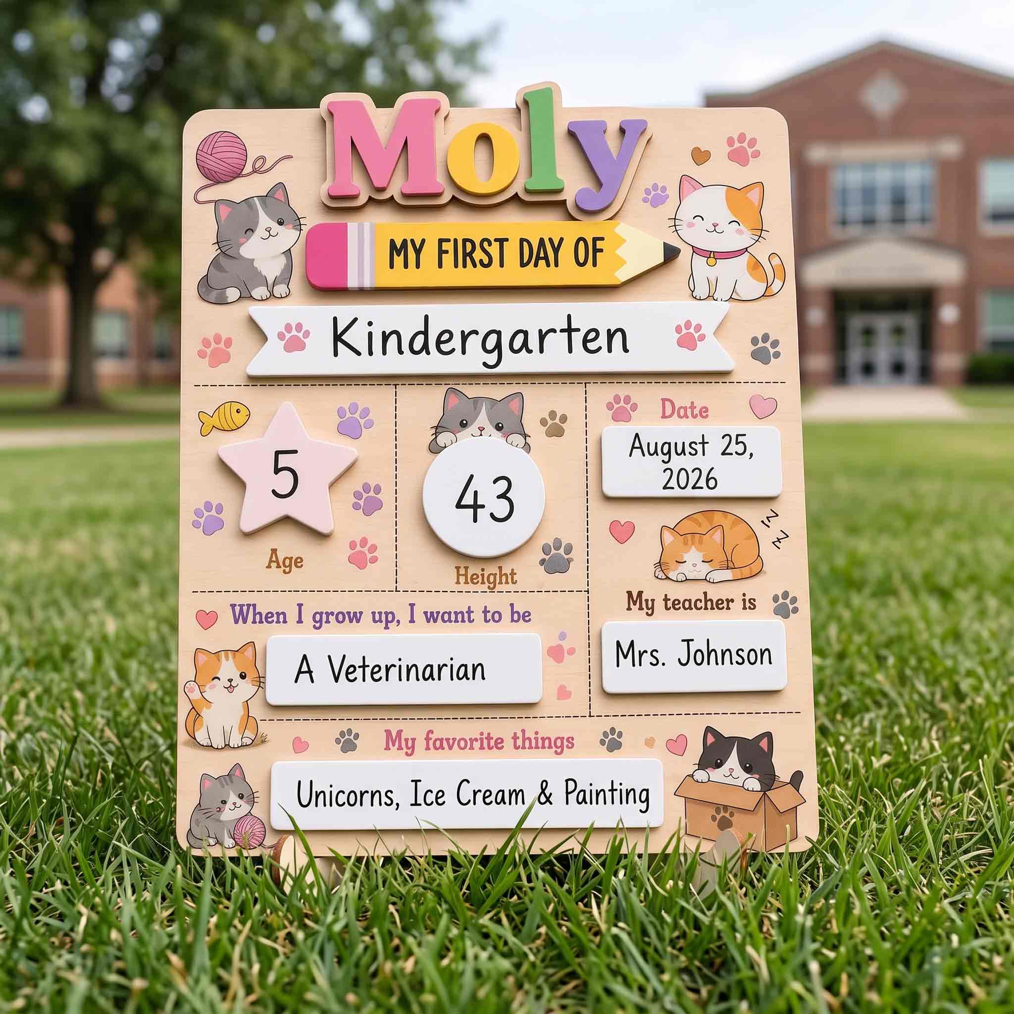 Personalized Playful Cat Icons First & Last Day School Sign, Reusable Dry Erase Board, Back to School Sign