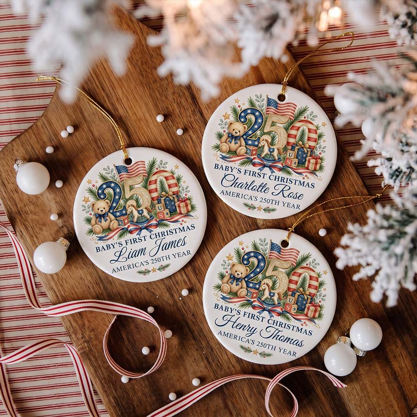 Baby's First Christmas America's 250th Year Custom Name Baby's First Christmas Round Ceramic Christmas Ornament Patriotic Baby Keepsake