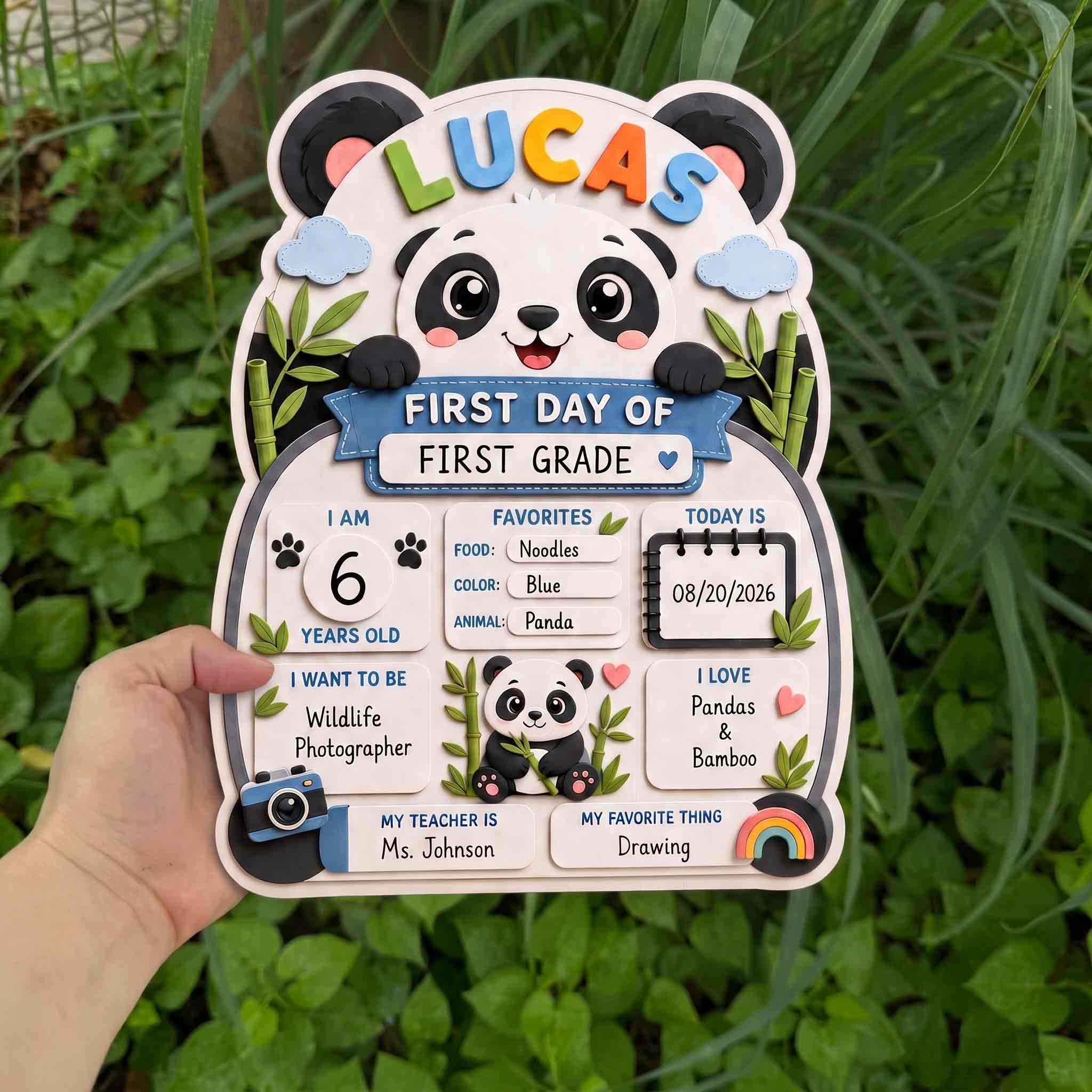 Personalized Cute Panda Bear First & Last Day School Sign, Reusable Dry Erase Board, Back to School Sign