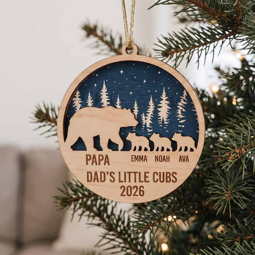 Dad's Little Cubs Bear Personalized Custom Name Date Family 2-Layer Wooden Christmas Ornament Father and Kids Christmas Gift