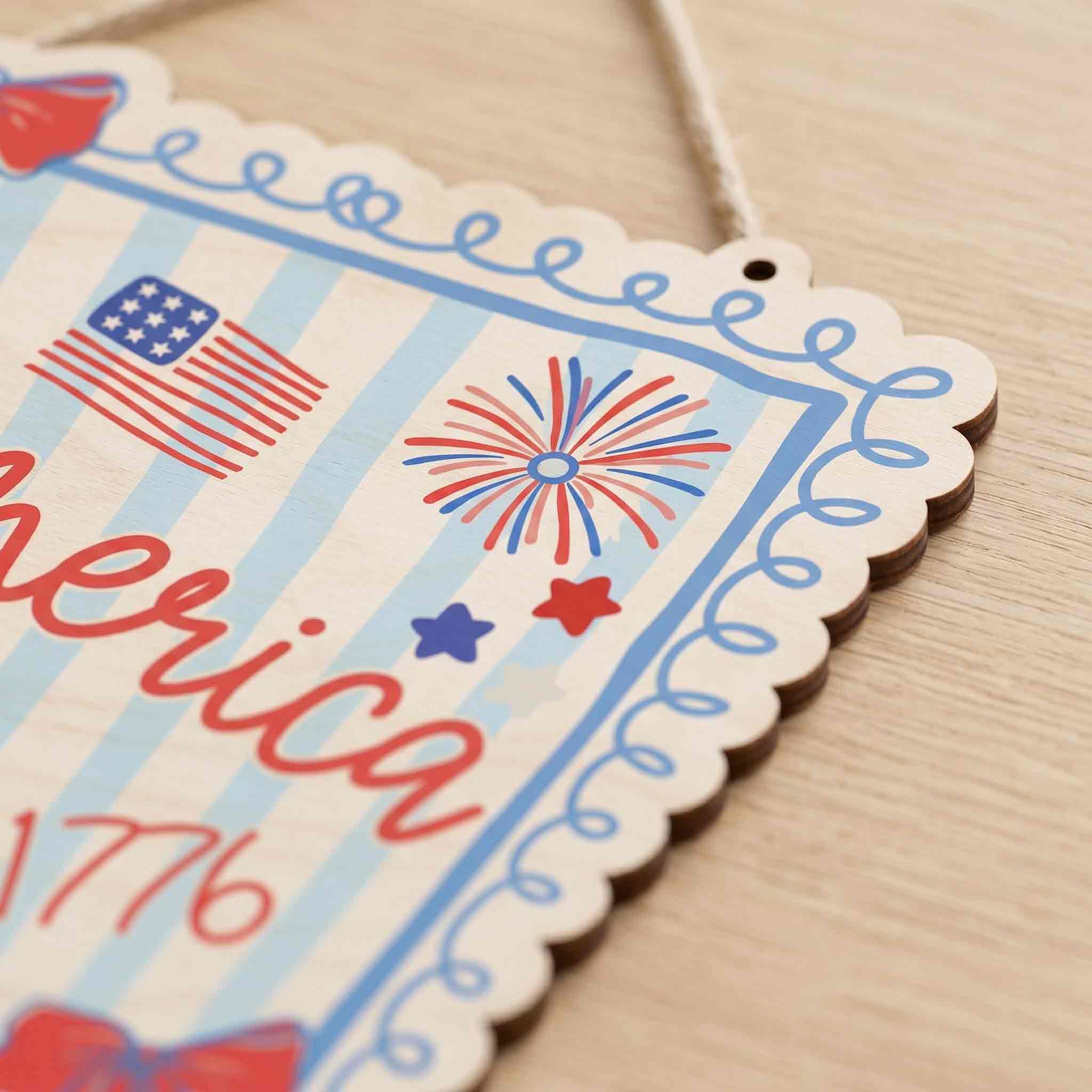 America 1776 Coquette Bow Patriotic America 250th Anniversary Wooden Sign
