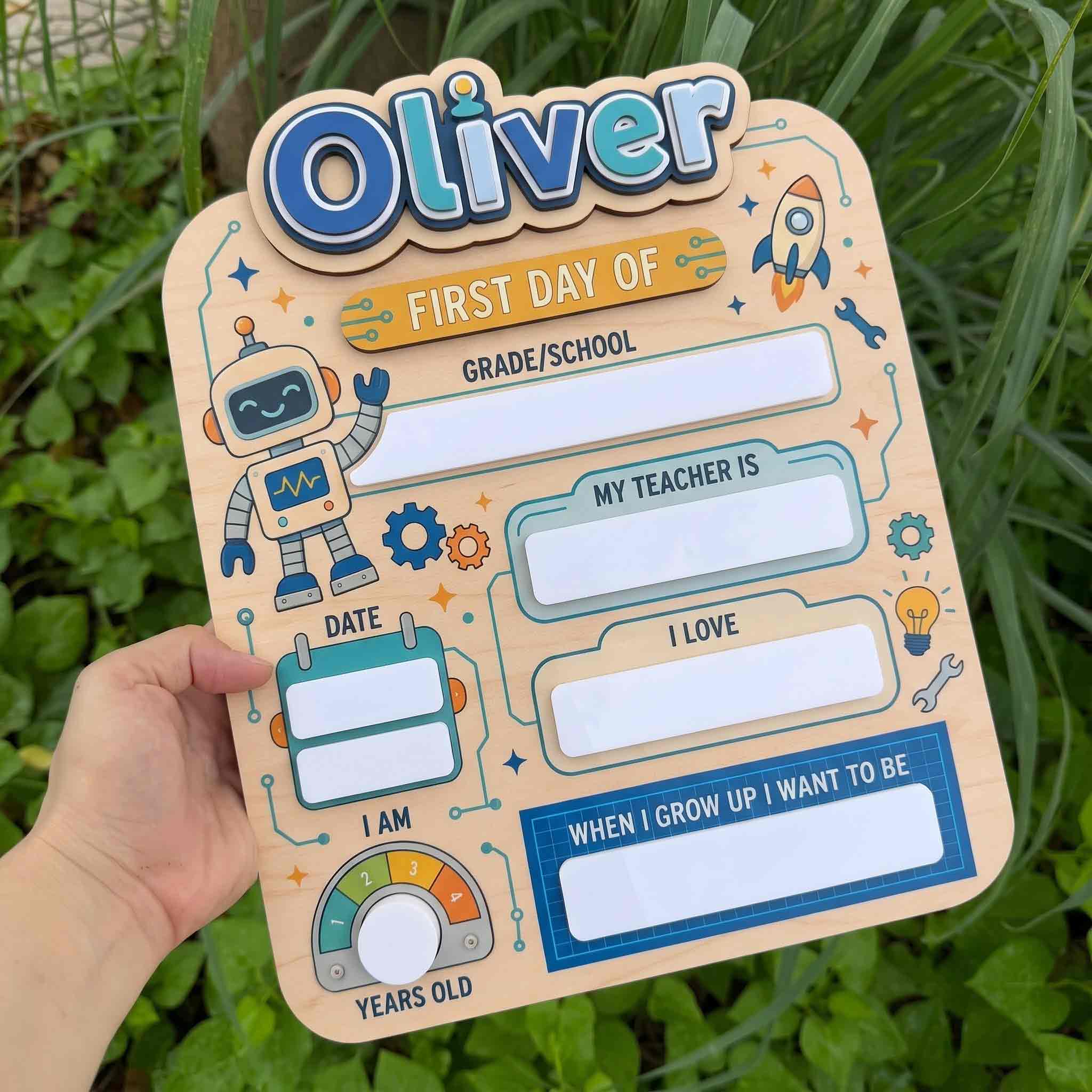 Personalized Robot Rocket Theme First & Last Day School Sign, Reusable Dry Erase Board, Back to School Sign