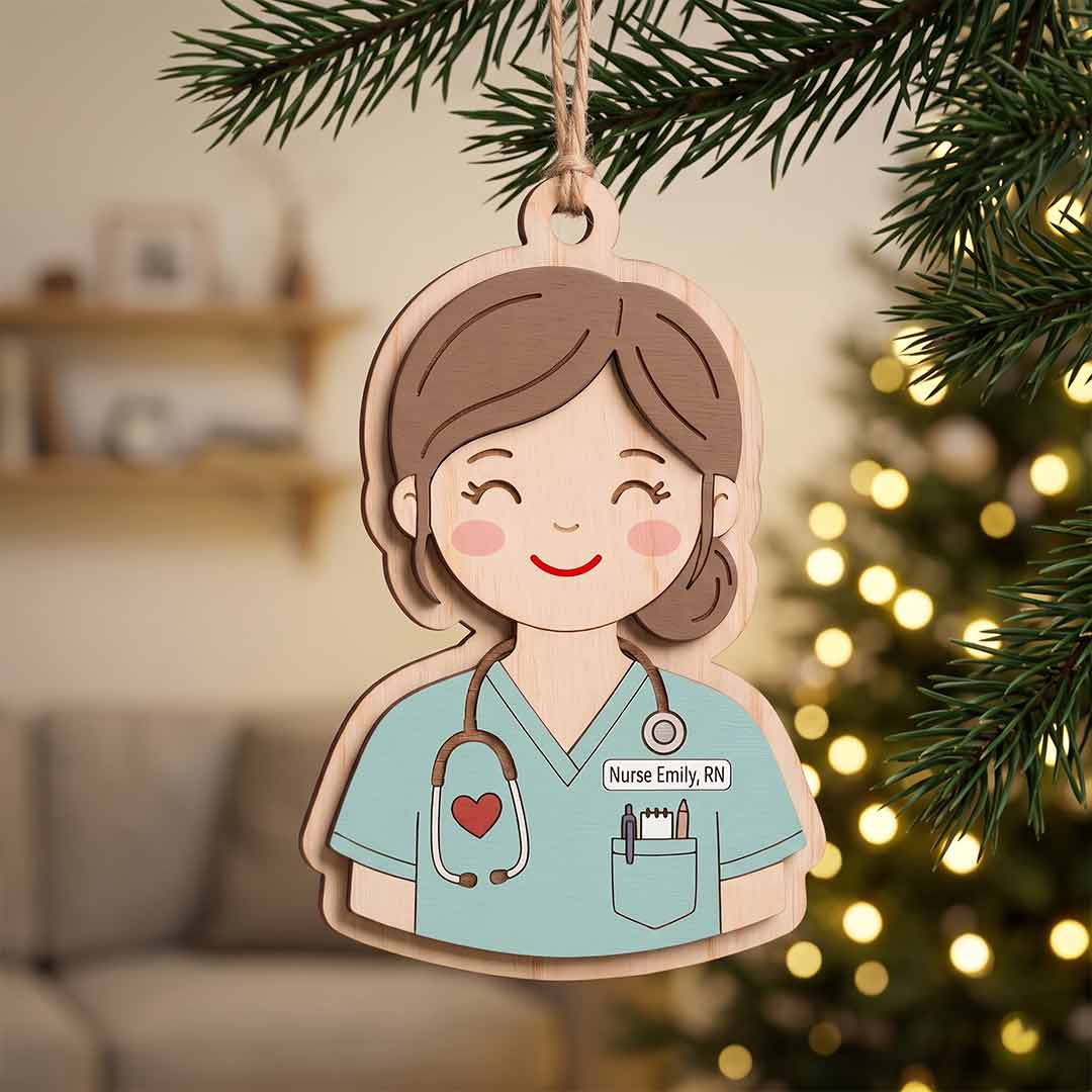Nurse Portrait Personalized Custom Name Nurse 2-Layer Wooden Christmas Ornament Nurse Appreciation Christmas Gift