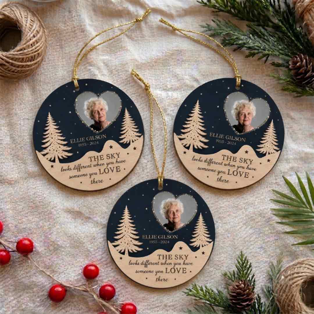 Memorial Night Sky Personalized Custom Name Date Photo Memorial 2-Layer Wooden Christmas Ornament In Loving Memory Remembrance Gift