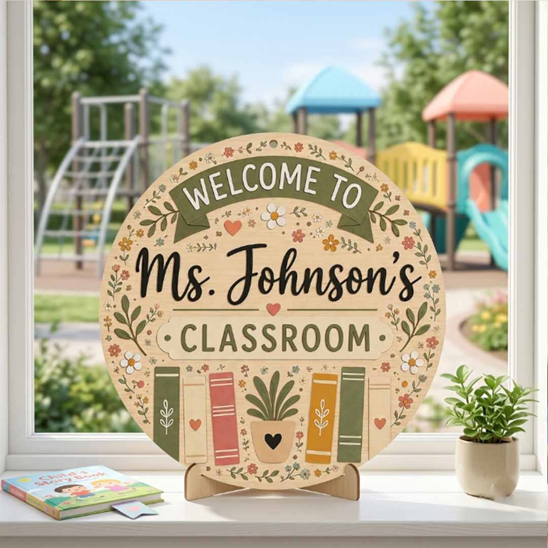 Personalized Teacher Name Wooden Sign Door Hanger Wildflower Classroom Wooden Classroom Decor, Back to School Sign
