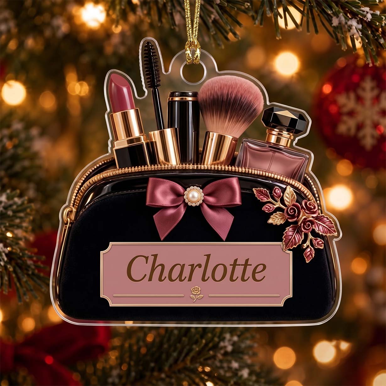 Makeup Black Floral Cosmetic Bag Lipstick Brush Custom Name Acrylic Christmas Ornament Makeup Lover