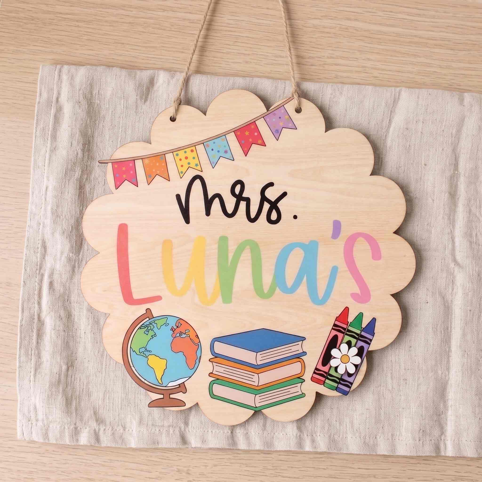 Personalized Elementary Teacher Classroom Wooden Sign, Custom Welcome Door Hanger with Books & Crayons, Back to School Decor