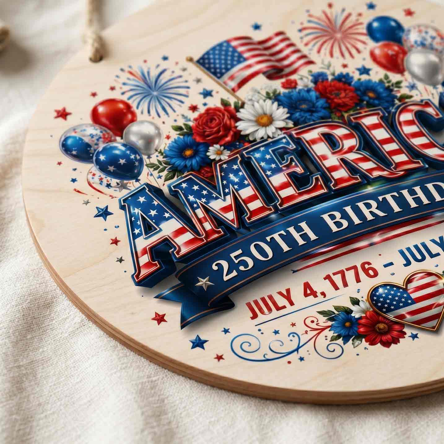 America 250th Birthday Patriotic Celebration Decor Wooden Sign