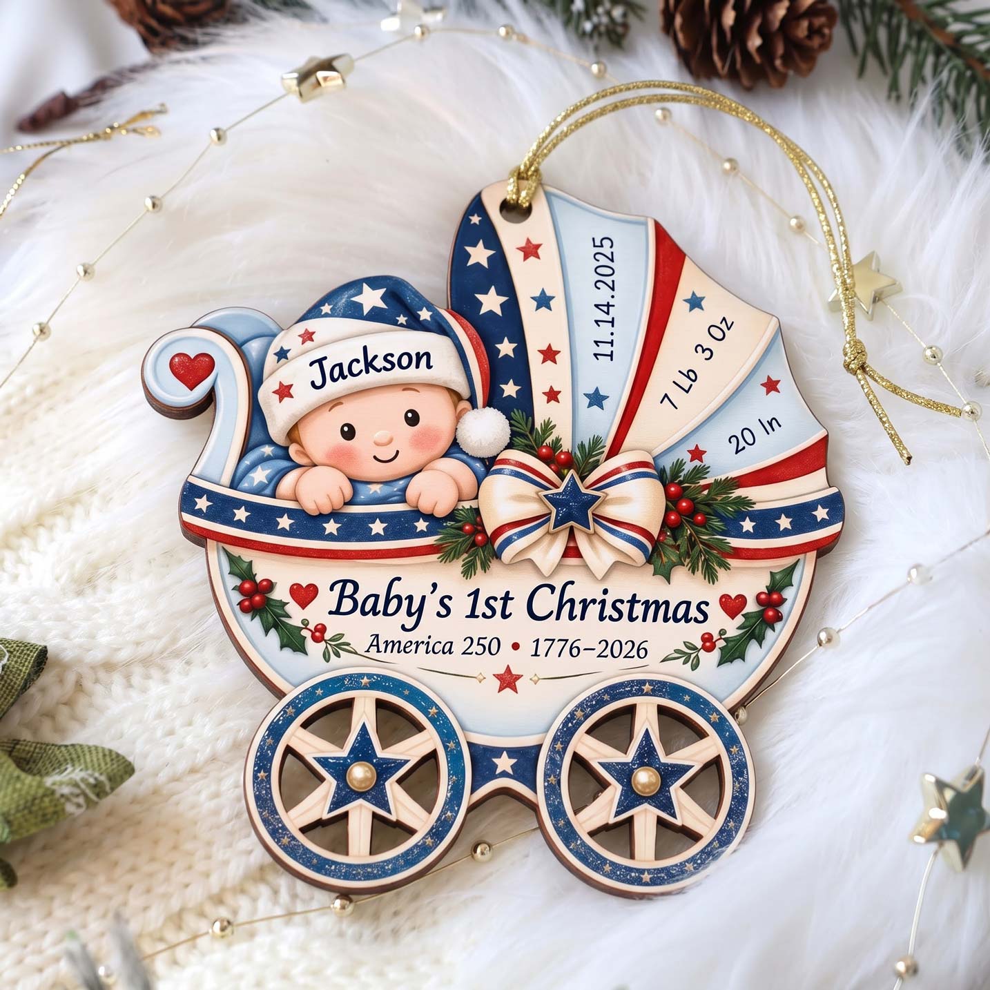 Baby's 1st Christmas America's 250th Year Patriotic Baby Carriage Custom Name Date Weight Length Newborn Wooden Ornament