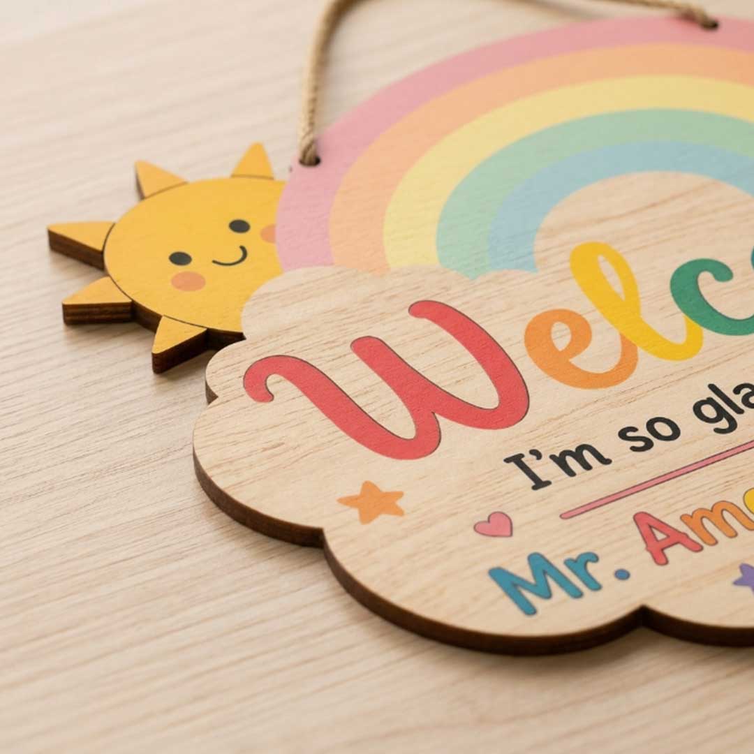 Personalized Teacher Name Wooden Sign Door Hanger I'm So Glad You're Here Wooden Classroom Decor, Back to School Sign