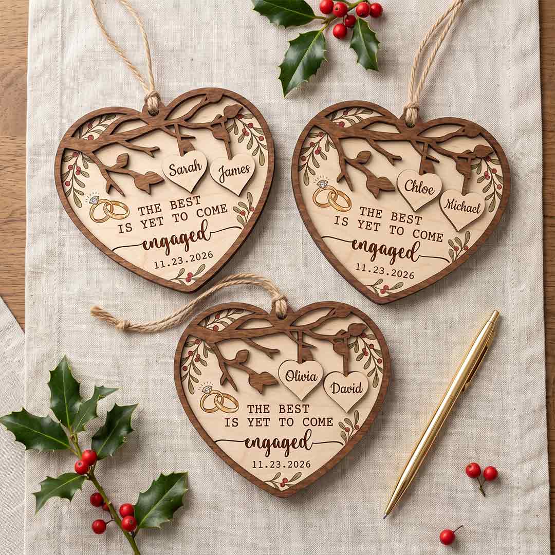 Engagement Heart Rings Personalized Custom Name Date First Engagement 2-Layer Wooden Christmas Ornament Romantic Engagement Gift for Newly Engaged Couple