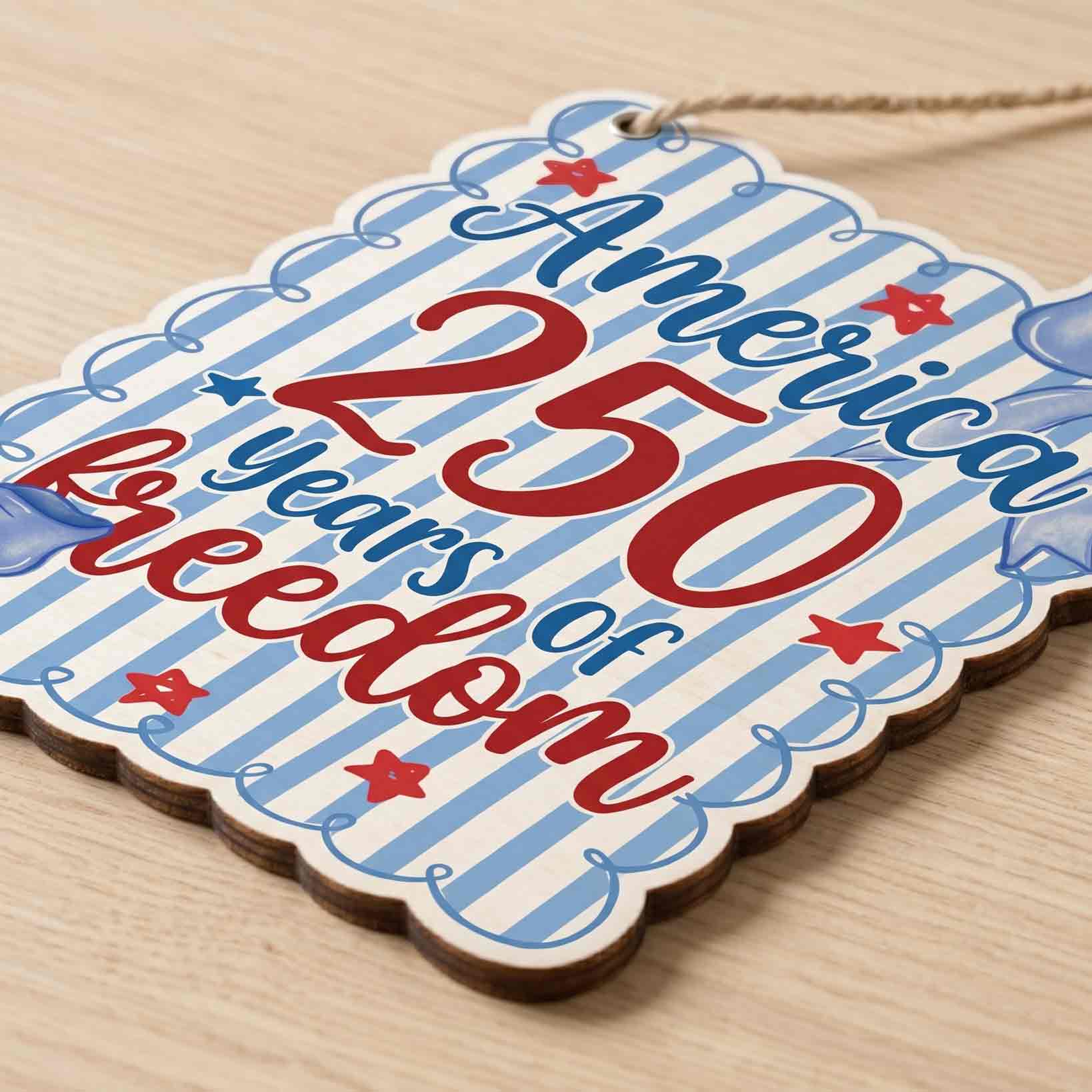 America 250 Years of Freedom Coquette Blue Bow Patriotic Wooden Sign