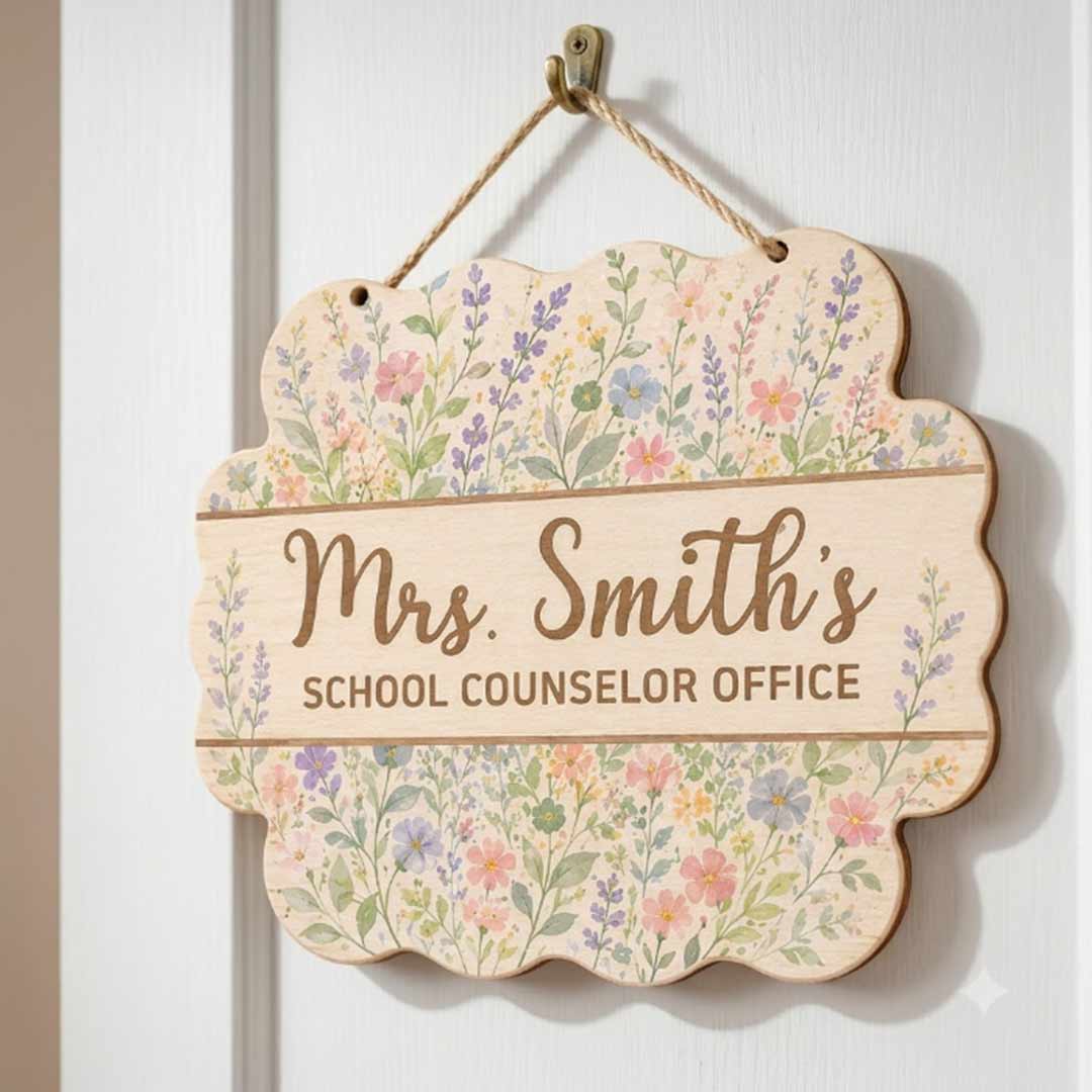 Personalized Teacher Name Wooden Sign Door Hanger Vintage Flower School Counselor Office Wooden Classroom Decor, Back to School Sign