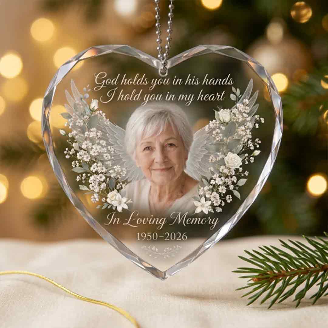Memorial Angel Wings Floral Personalized Memorial Custom Name Date Photo In Loving Memory Gift Heart Glass Christmas Ornament