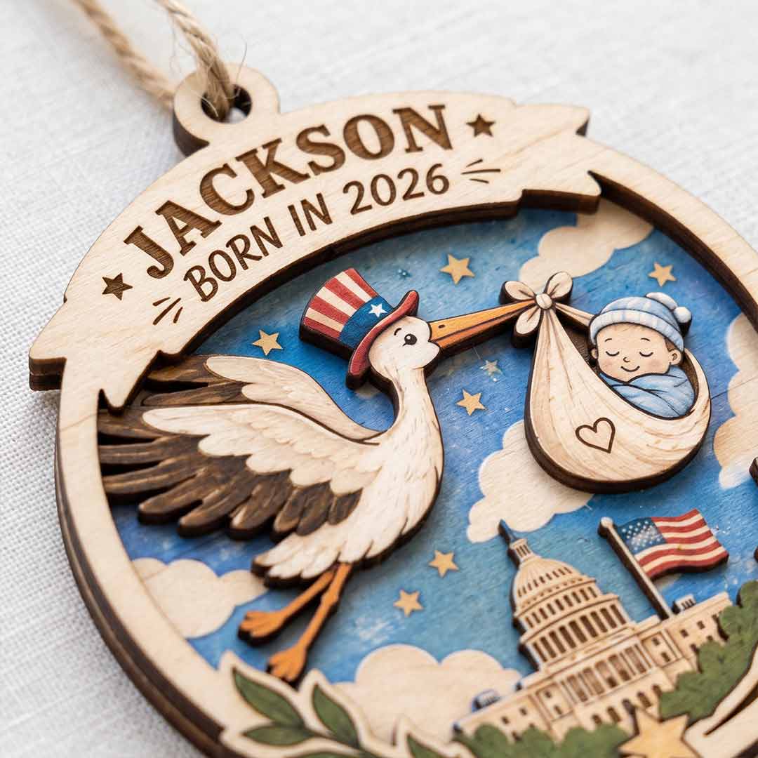 America's 250th Born in 2026 Stork Personalized Custom Name Date Newborn 2-Layer Wooden Christmas Ornament for New Baby Gift