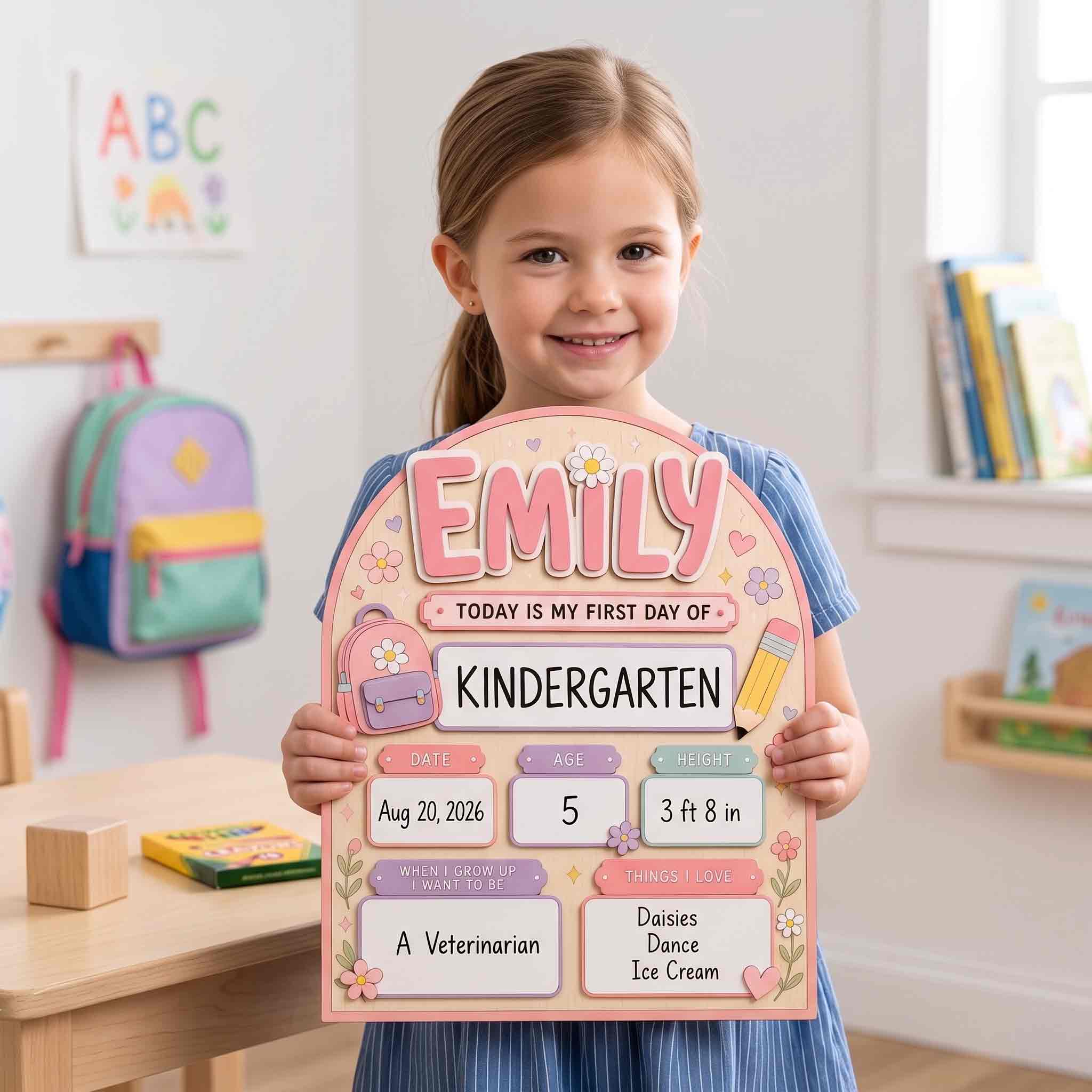 Personalized Flower Backpack First Day School Board, Reusable Dry Erase Board, Back to School Sign