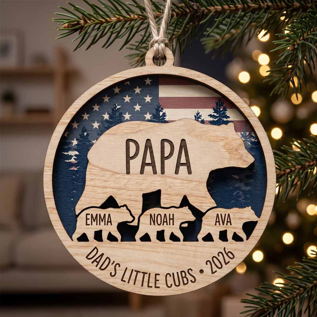 Papa Bear and Cubs Personalized Custom Name Family 2-Layer Wooden Christmas Ornament Christmas Gift for Dad