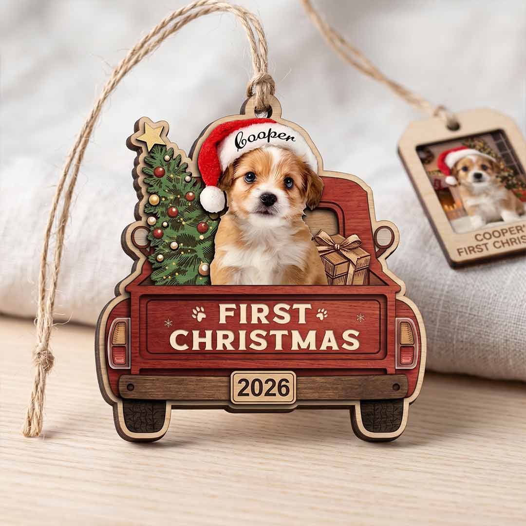 Pet First Christmas Santa Truck Personalized Custom Name Date Photo Dog 2-Layer Wooden Christmas Ornament First Christmas Gift for Dog Lover