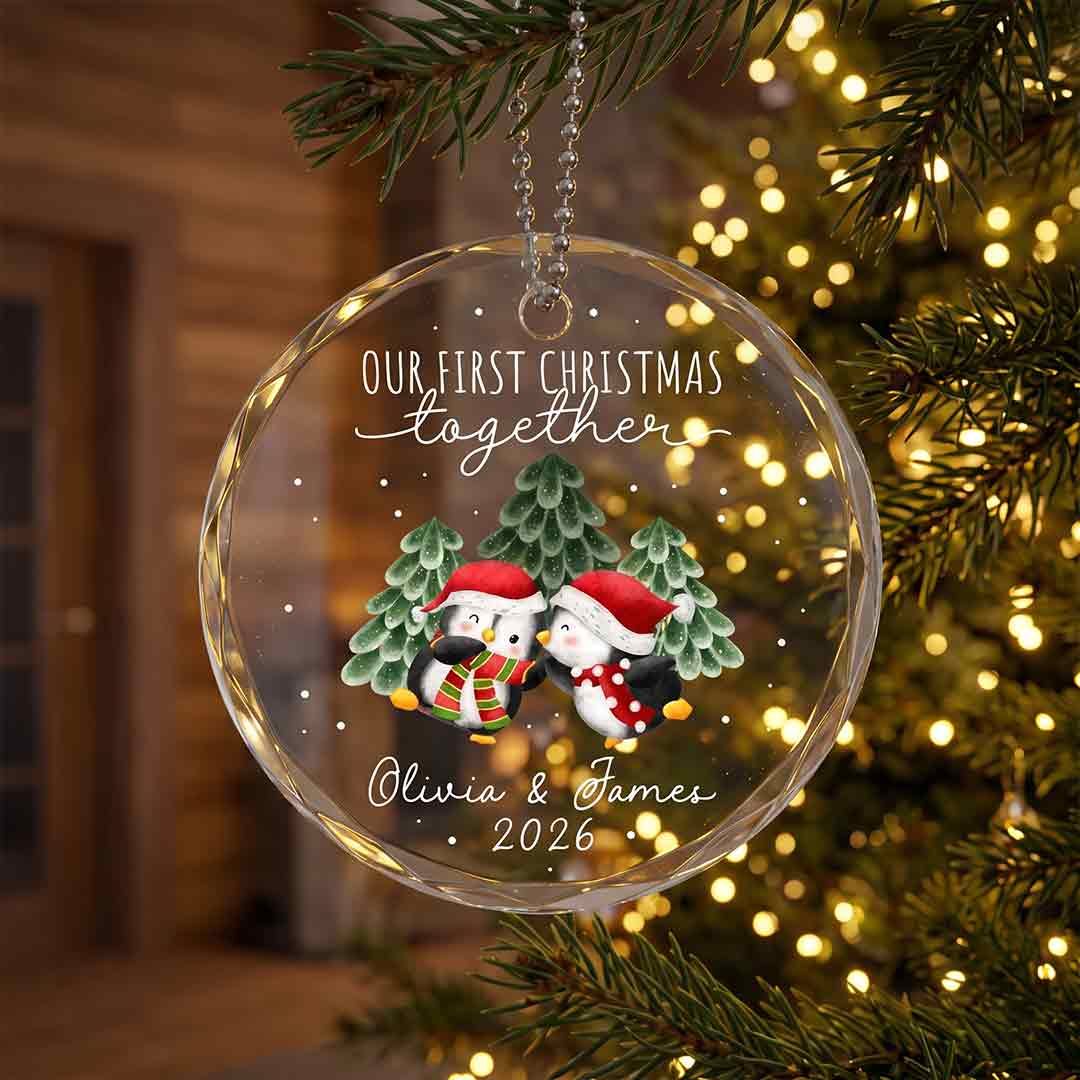 Our First Christmas Cute Penguin Couple Personalized Custom Name Date Couple Round Glass Christmas Ornament for Couples Gift