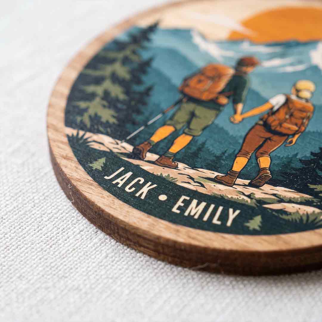 Hiking Couple Mountain Adventure Outdoor Keepsake Personalized Custom Name Adventure Couple 1-Layer Wooden Christmas Ornament for Hiking Partners Gift