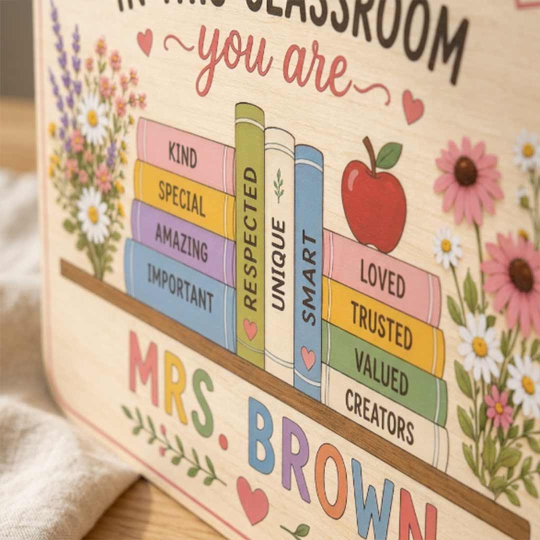 Personalized Flower Bird Teacher Name Wooden Sign Door Hanger Positive Affirmation Teacher Door Hanger Wooden Classroom Decor, Back to School Sign