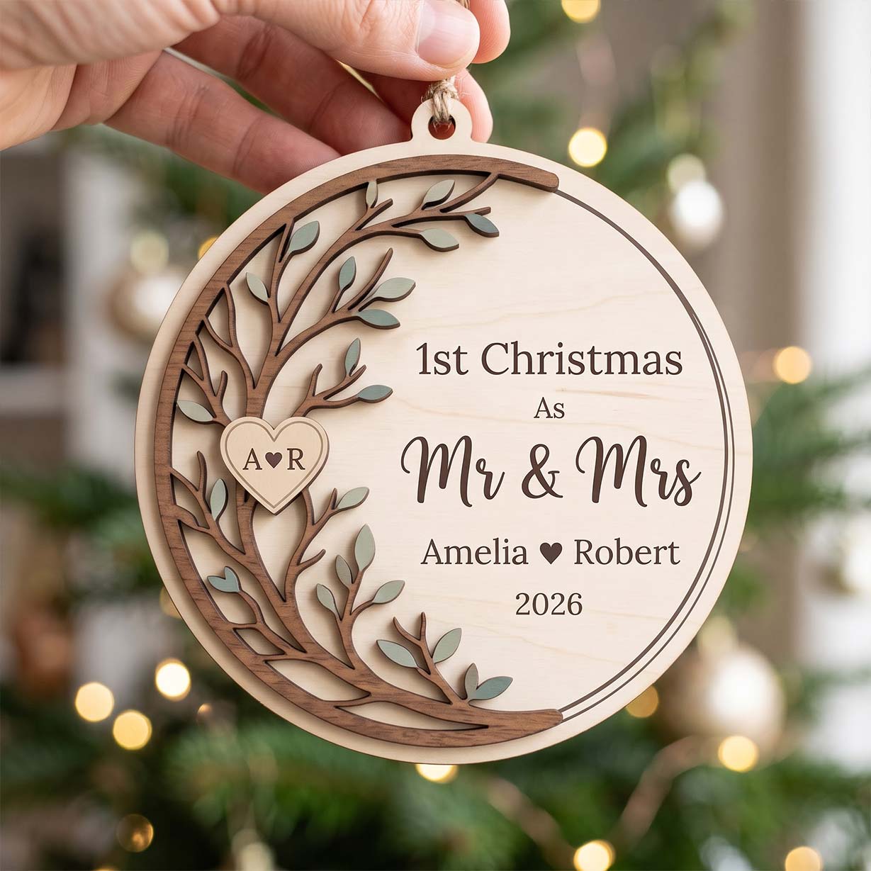 First Christmas Mr and Mrs Love Tree Custom Names Date First Married Christmas Wooden Ornament