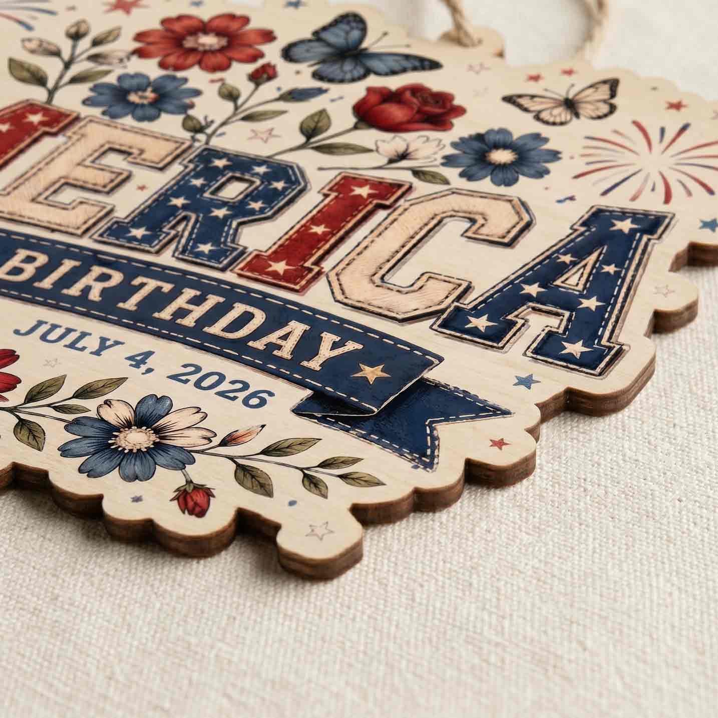 Patriotic Floral America 250th Birthday July 4 1776-2026 Wooden Sign