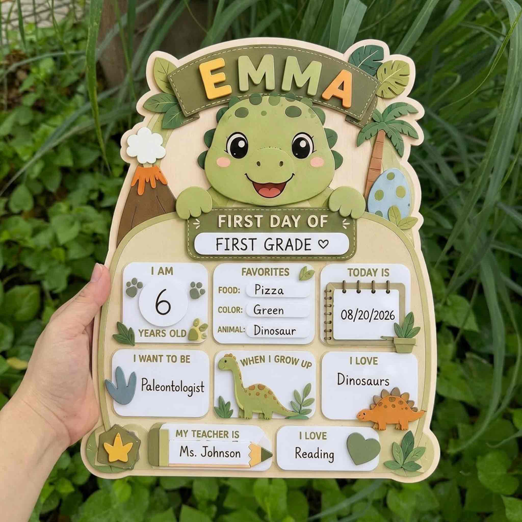 Personalized Sage Green Dinosaur First & Last Day School Sign, Reusable Dry Erase Board, Back to School Sign