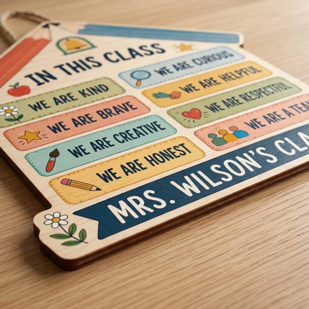 Personalized Teacher Name Wooden Sign Door Hanger Composition Book Classroom Rules Wooden Classroom Decor, Back to School Sign