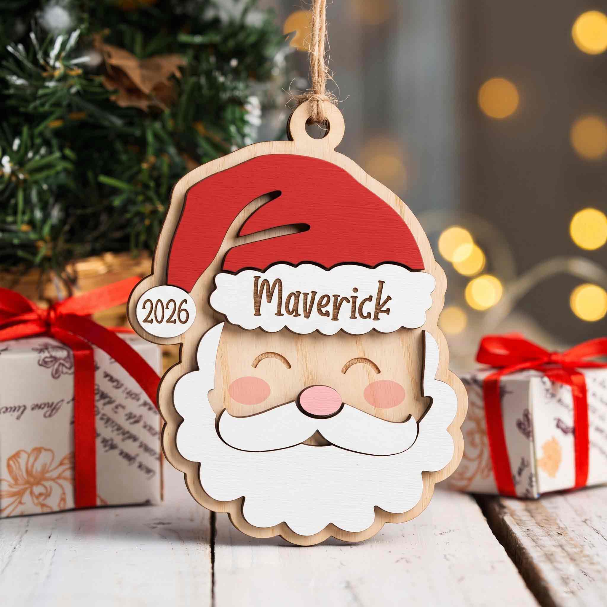 Santa Face Christmas Personalized Custom Name Date 2-Layer Wooden Christmas Ornament Christmas Gift