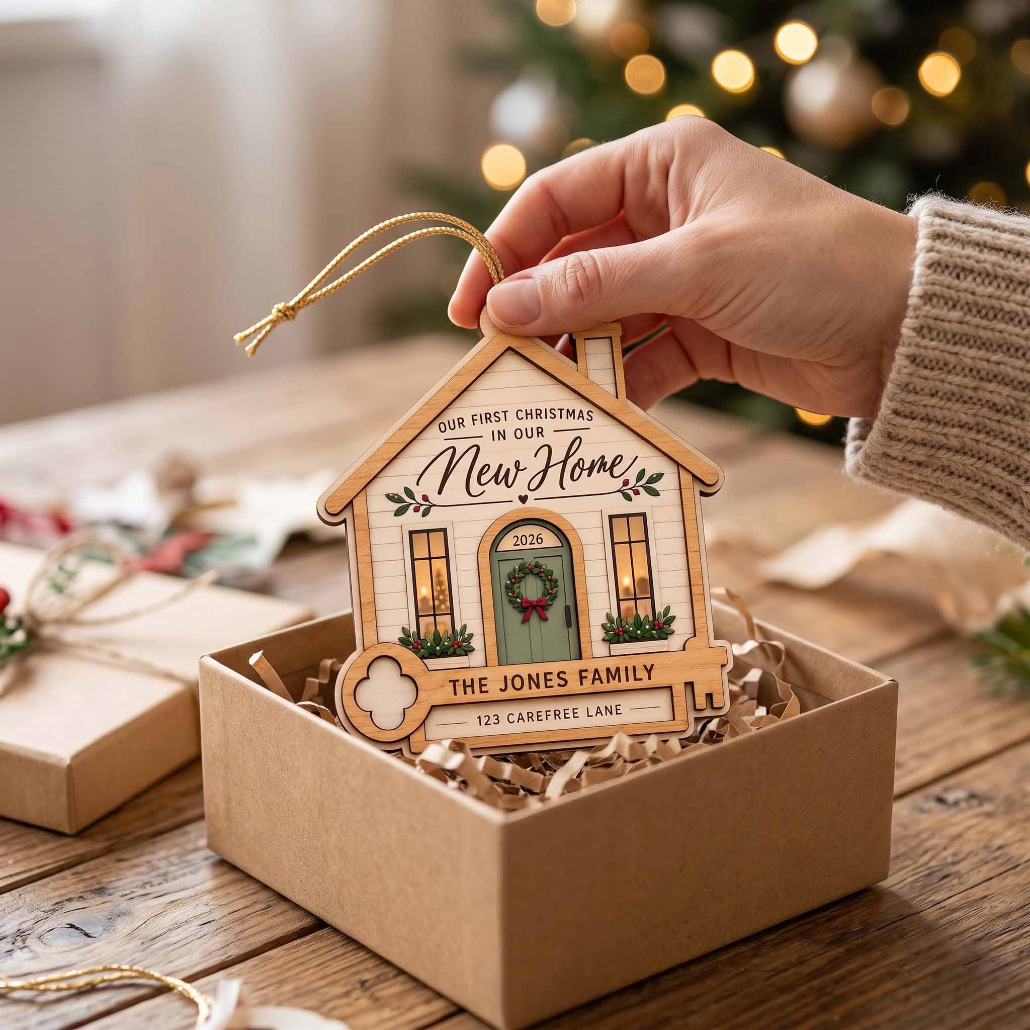 First Christmas In Our New Home 2026 House With Key Custom Name & Address New Home Wooden Christmas Ornament