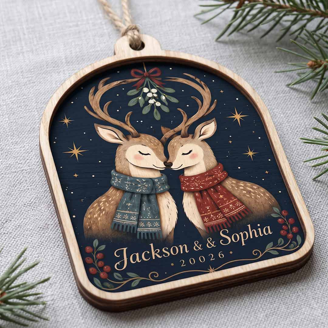 Mistletoe Reindeer Couple Christmas Personalized Custom Name Date Couple 2-Layer Wooden Christmas Ornament Romantic Christmas Gift for Couples