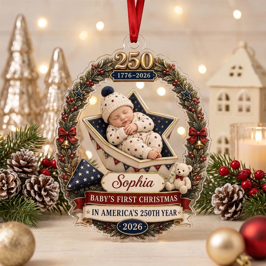 Star Cradle Baby America's 250th Year Custom Name Baby's First Christmas Acrylic Christmas Ornament Patriotic