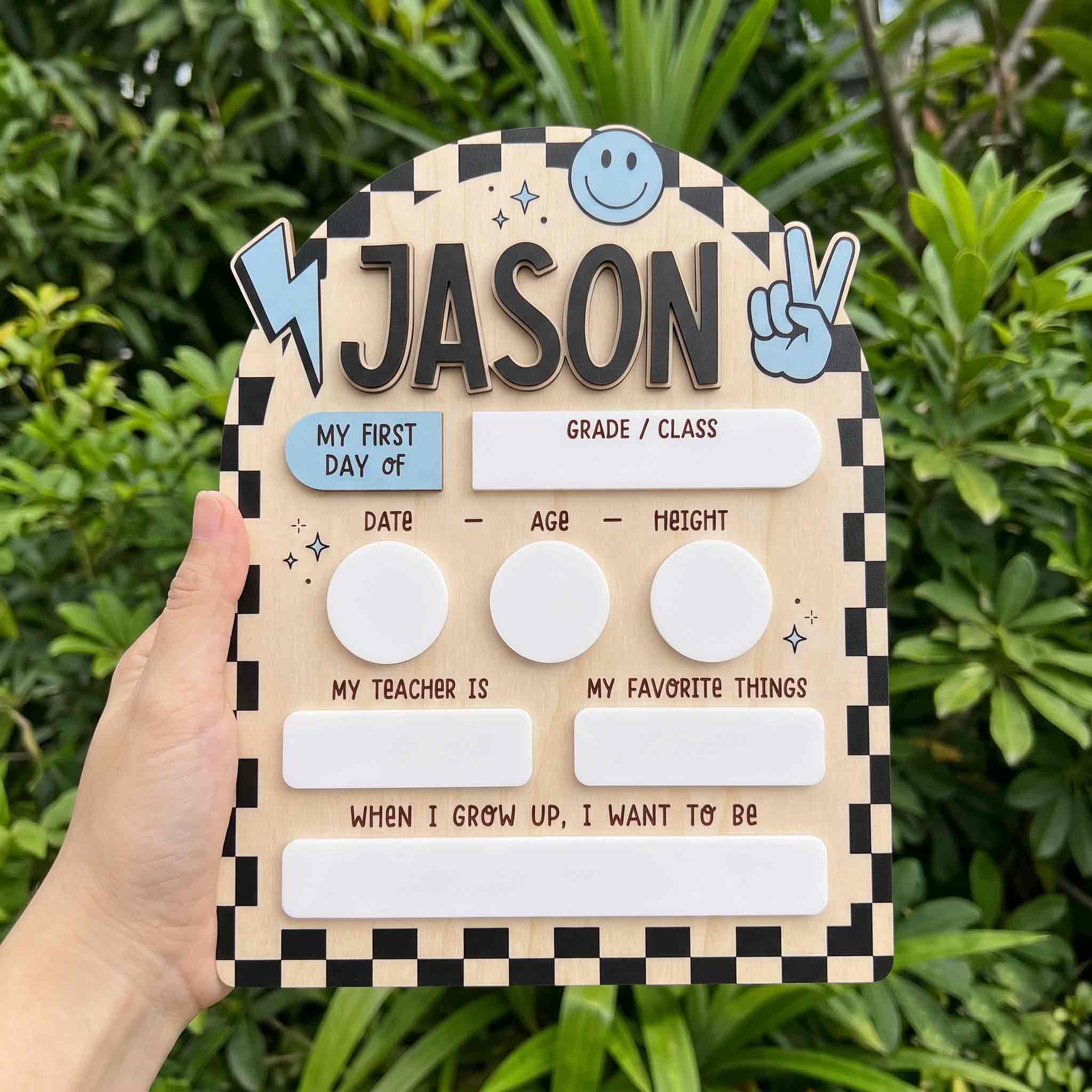Personalized Blue Black Checkerboard First & Last Day School Sign, Reusable Dry Erase Board, Back to School Sign