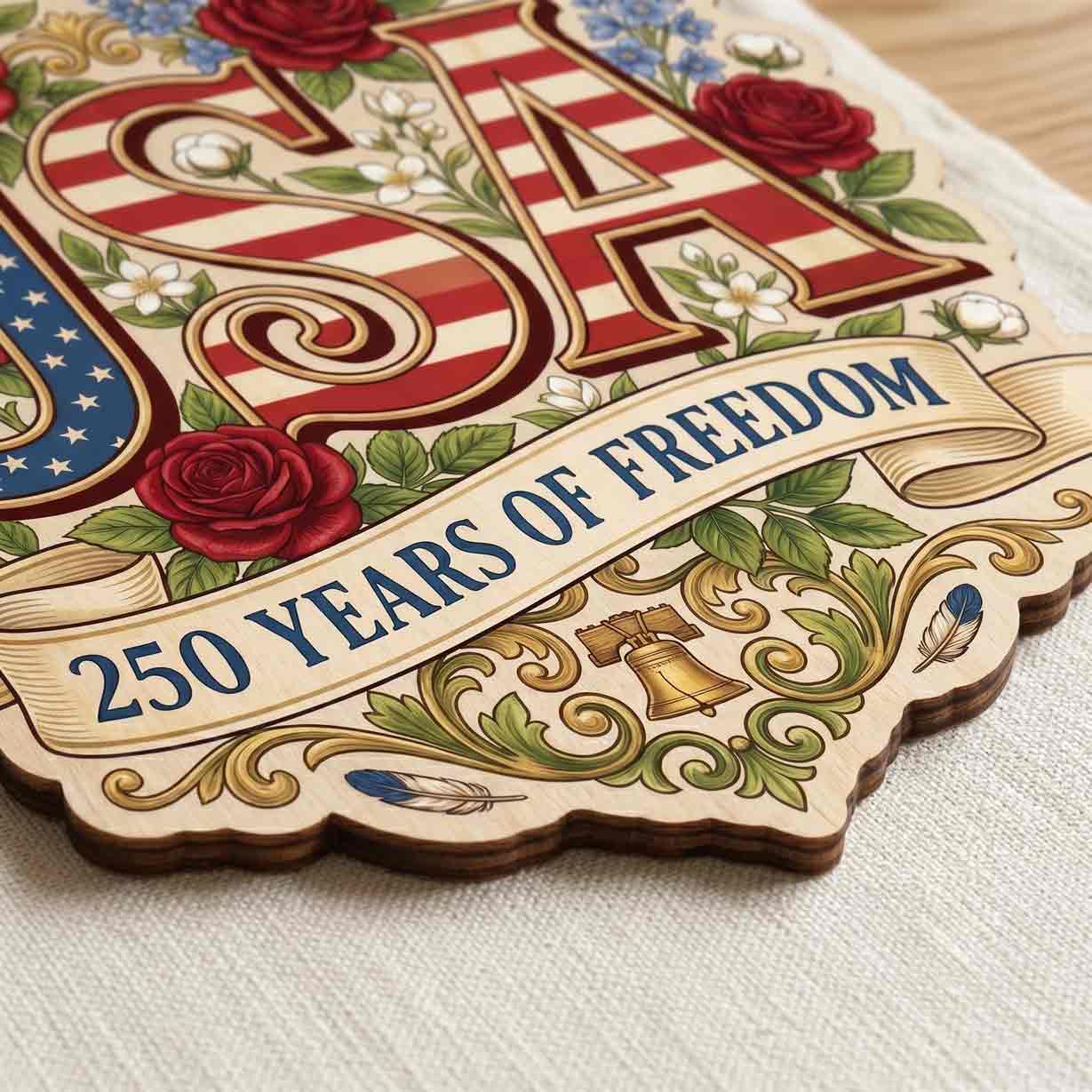 USA 250 Years of Freedom Floral Wooden Sign