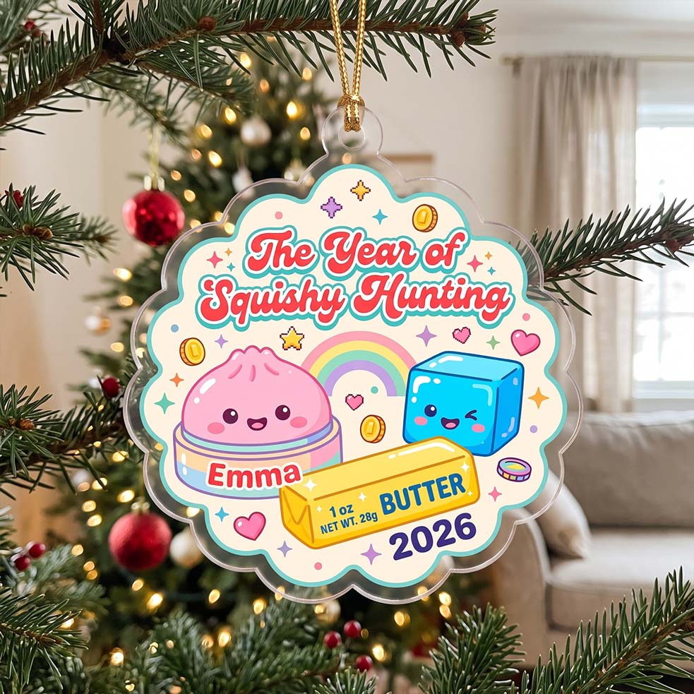 Rainbow Squishy Hunting Butter Ice Cube Custom Name Date Acrylic Christmas Ornament Cute