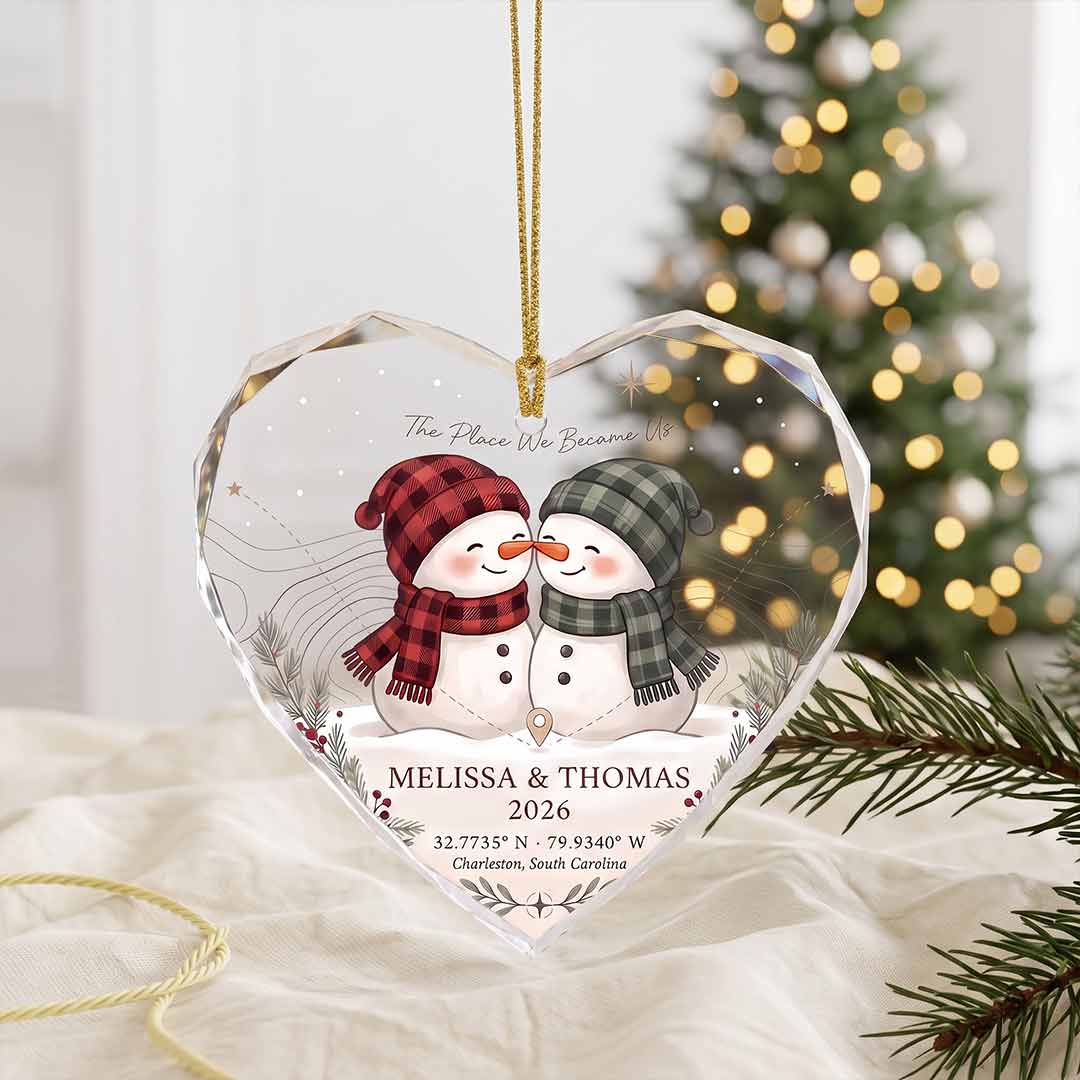 The Place We Became Us Snowman Couple Personalized Couple Custom Name Date Coordinates Address Gift Heart Glass Christmas Ornament