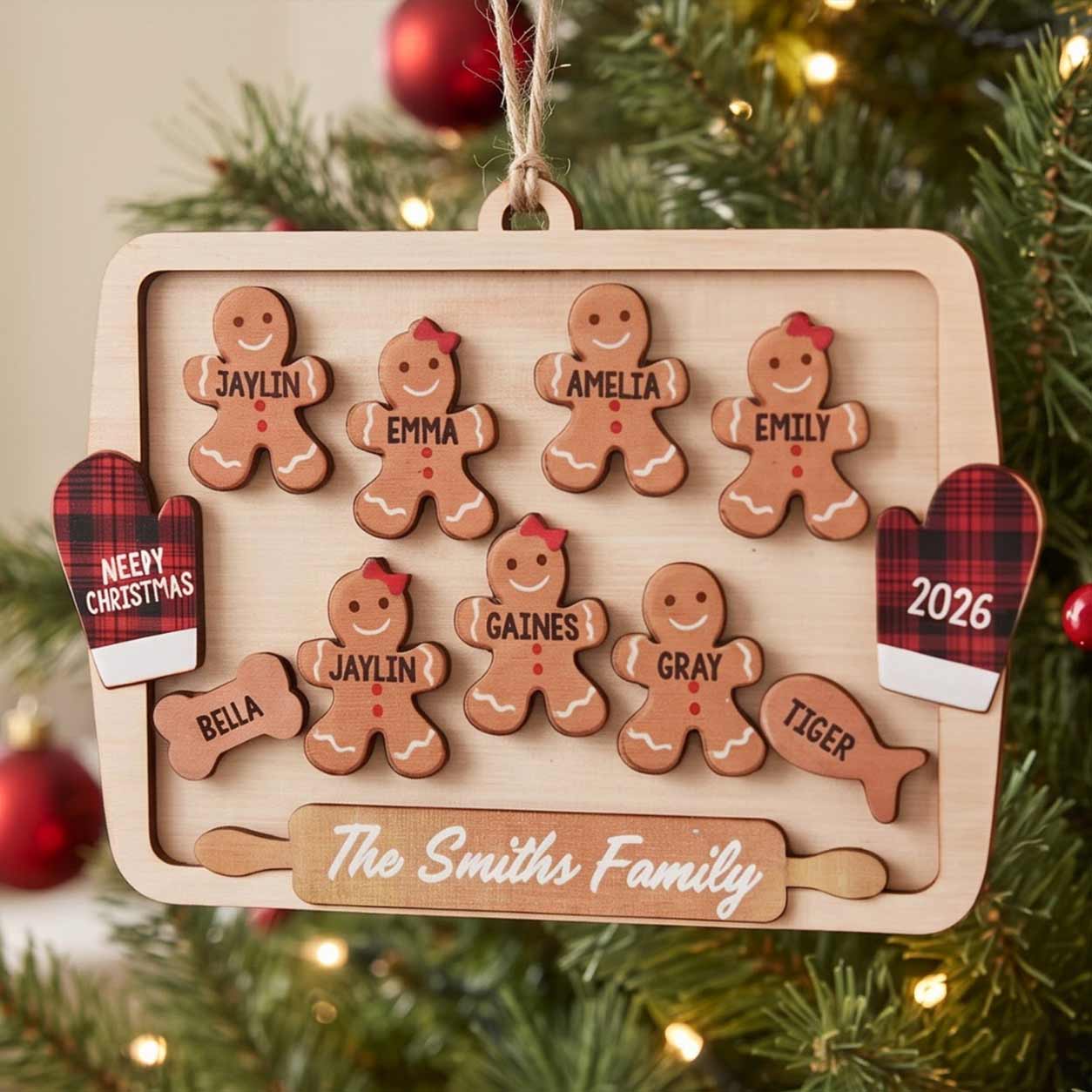 Gingerbread Cooking Family Christmas 2026 Custom Family Name Kids Names 2-Layer Wooden Christmas Ornament