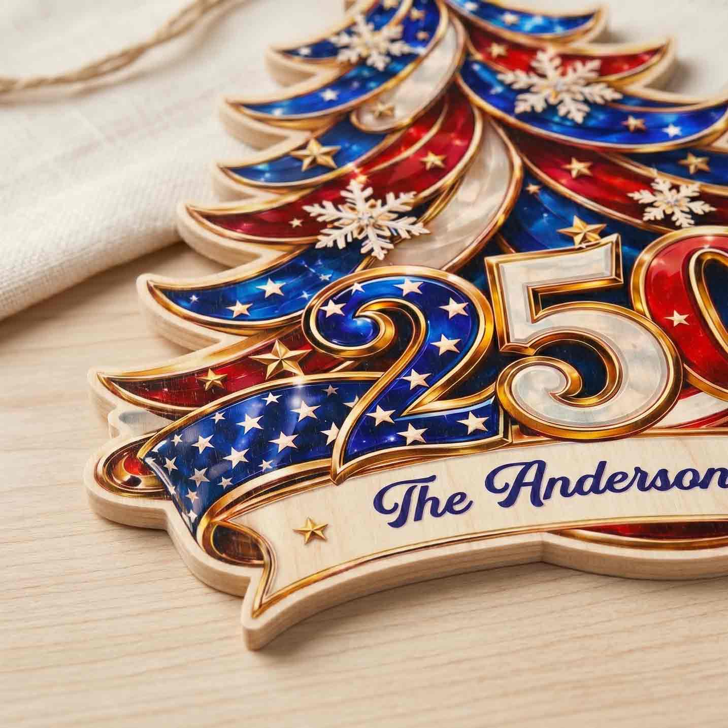 Personalized Family Name America 250th Anniversary Patriotic Christmas Tree Wooden Sign