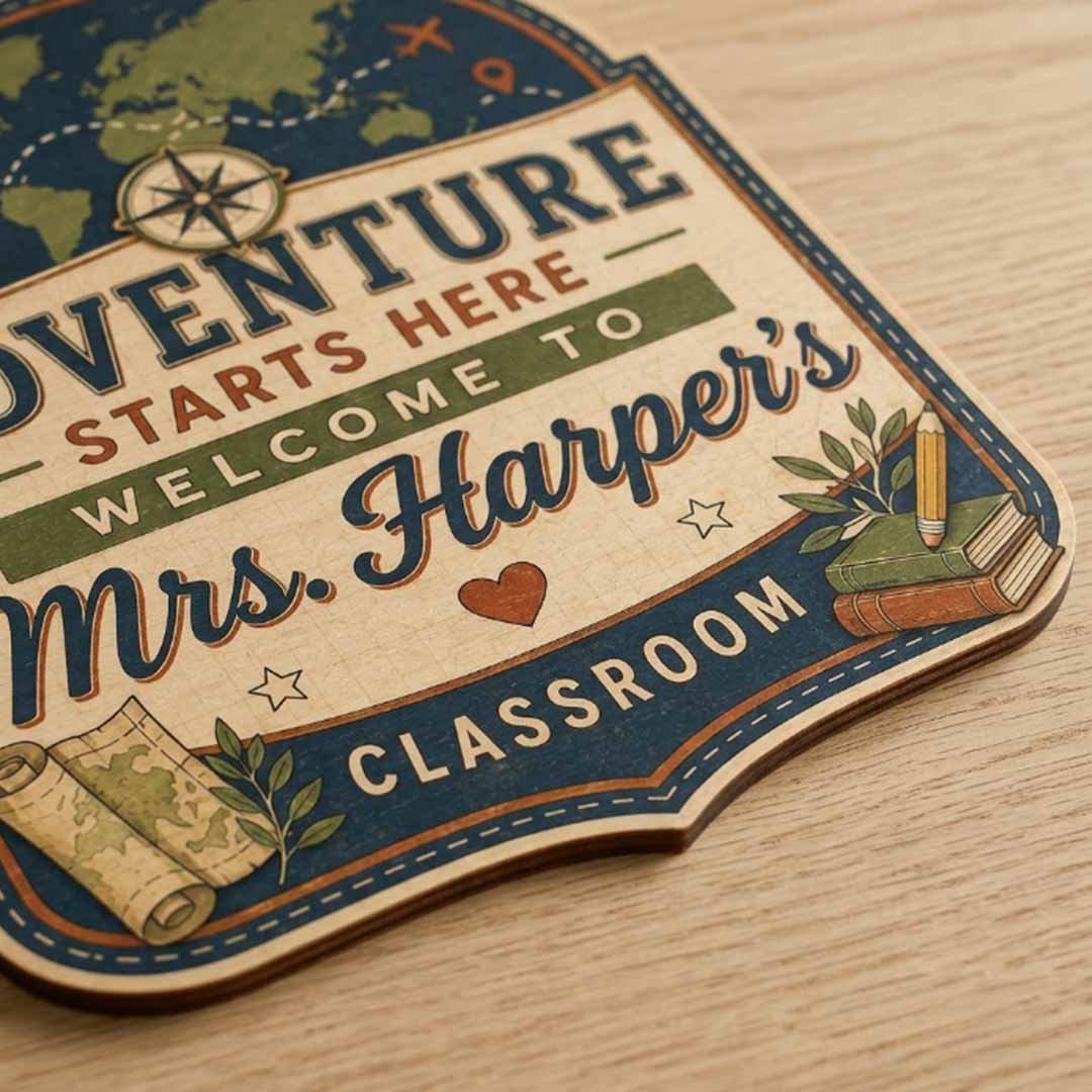 Personalized Teacher Name Wooden Sign Door Hanger Adventure Stars Here Classroom Sign Wooden Classroom Decor, Back to School Sign