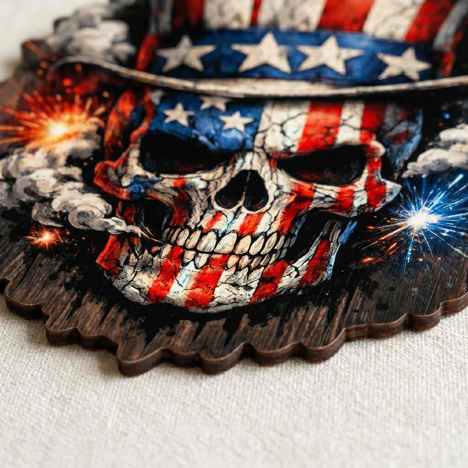 America 250 Independence Day Skull Patriotic Decor Wooden Sign
