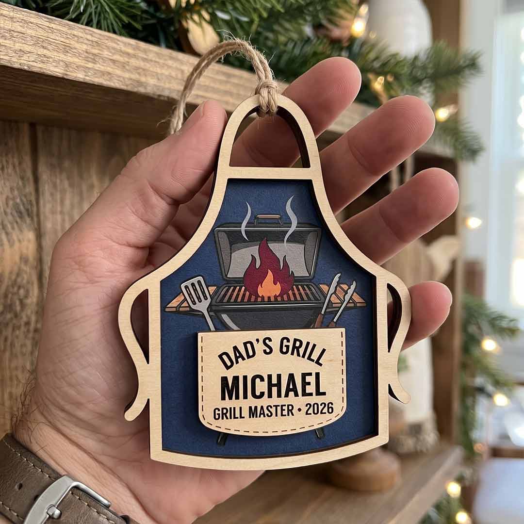 Dad's Grill Apron Personalized Custom Name Date Family 2-Layer Wooden Christmas Ornament Grill Master Christmas Gift for Dad